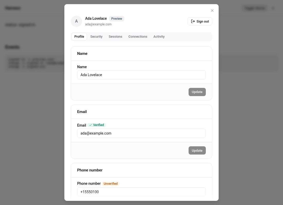 Auth UI account screen in preview mode after previewSignIn