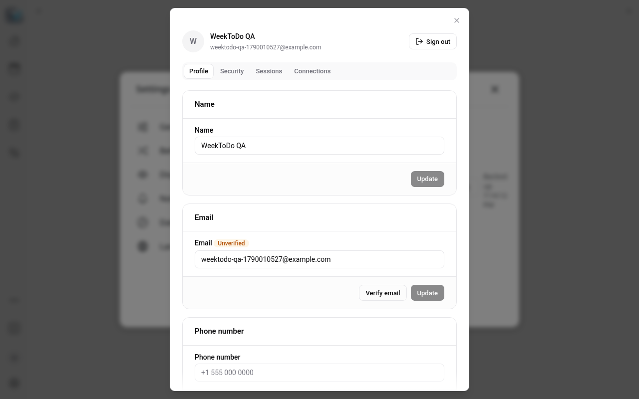 Auth UI account screen opened from WeekToDo