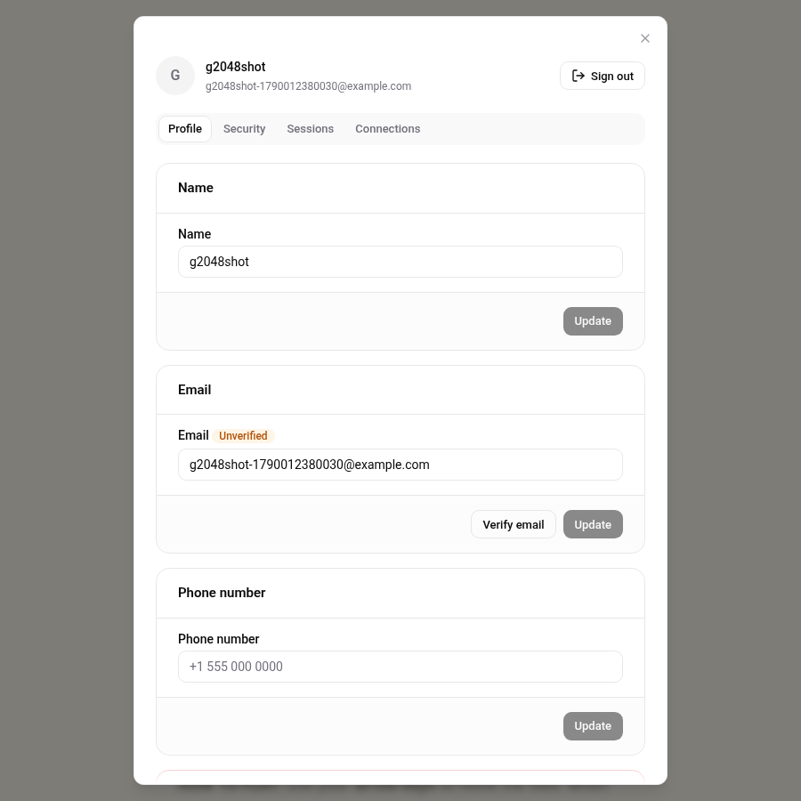 Auth UI account screen opened from 2048