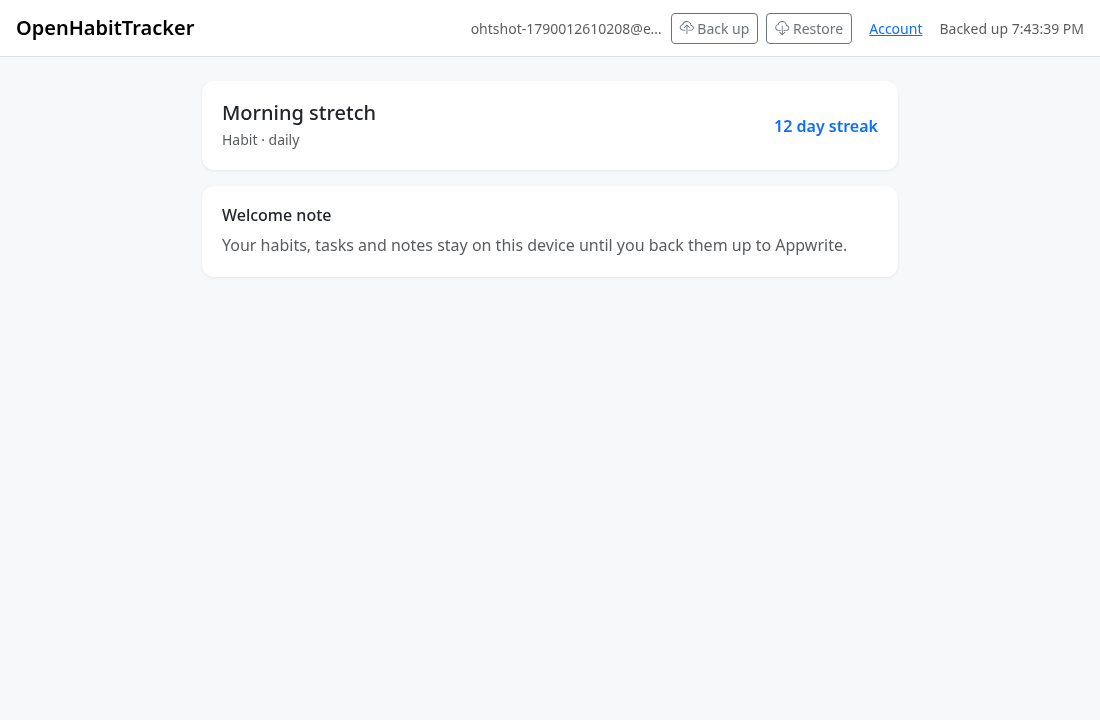 OpenHabitTracker nav with Auth UI after a successful Appwrite backup