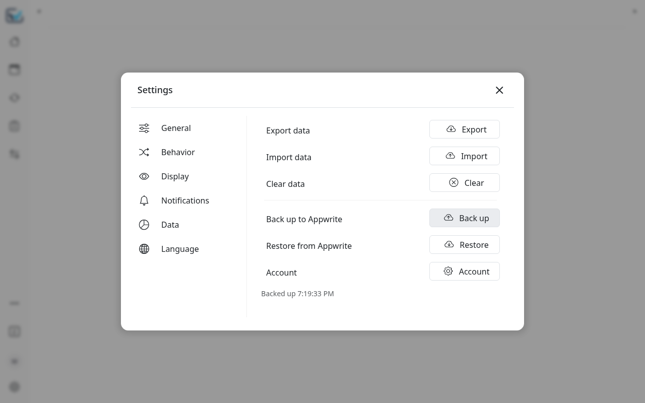 WeekToDo Settings Data tab after a successful Appwrite backup