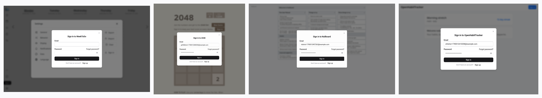 Collage of Auth UI sign-in modals from WeekToDo, 2048, Nullboard and OpenHabitTracker