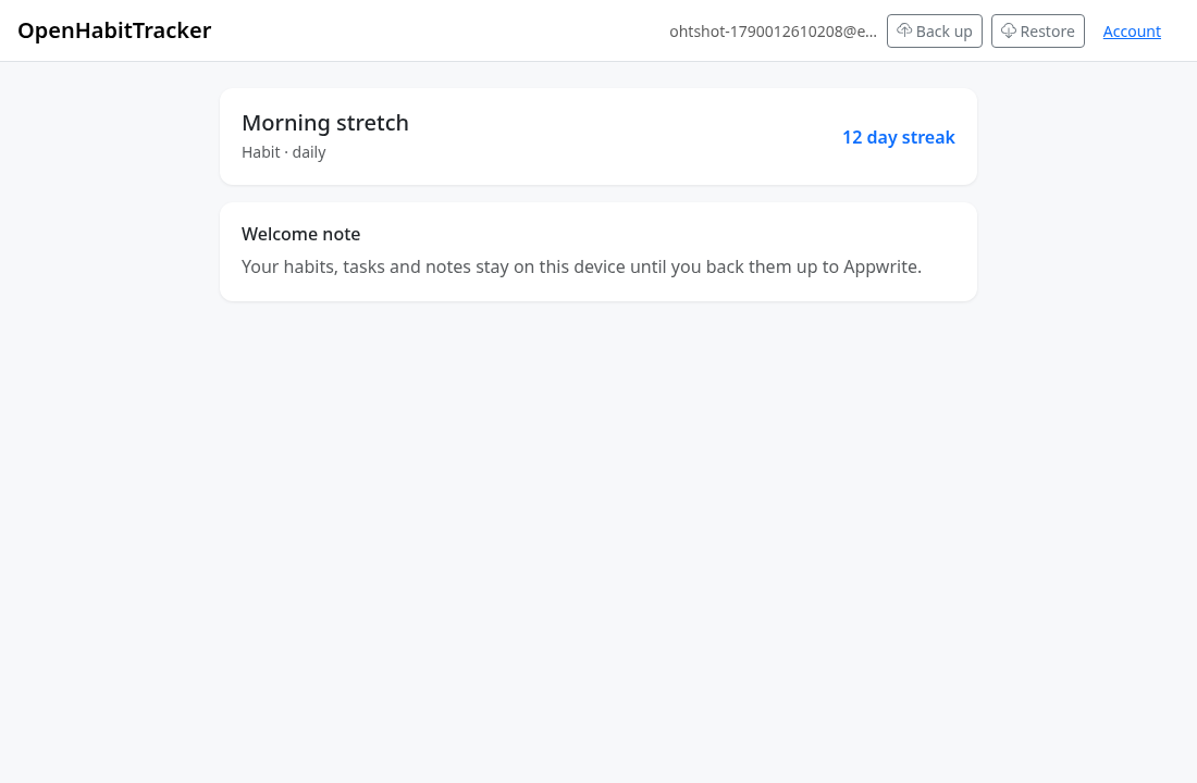 OpenHabitTracker signed-in nav with Back up, Restore and Account
