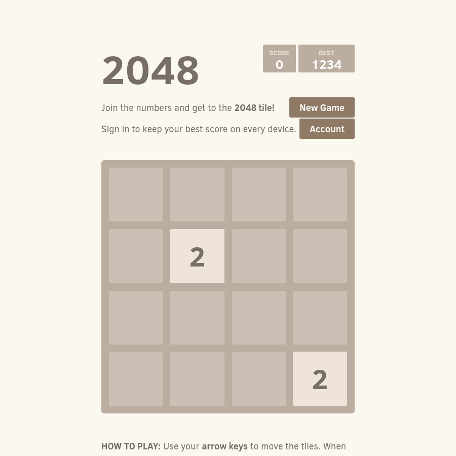 2048 after sign in with the Account button under the board