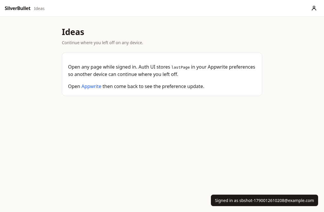 SilverBullet Ideas page after Appwrite sign in