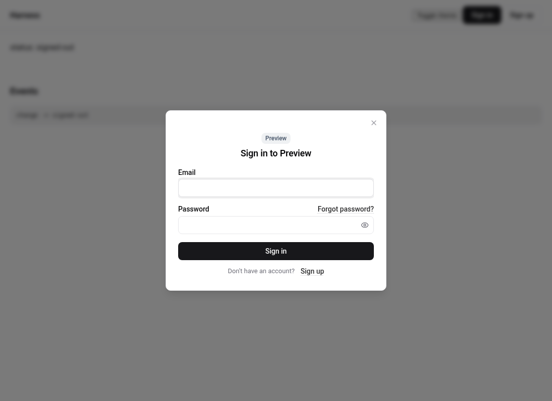 Auth UI sign-in modal in preview mode with the Preview badge