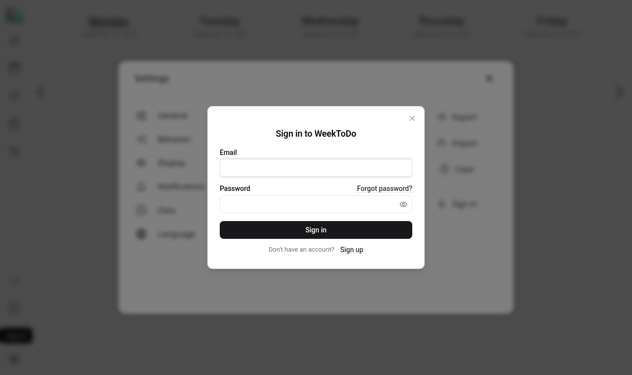 WeekToDo calendar with Auth UI Sign in to WeekToDo modal open over Settings Data