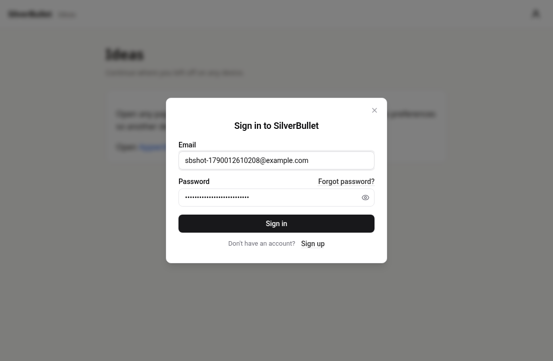 Auth UI Sign in to SilverBullet modal from the notebook top bar