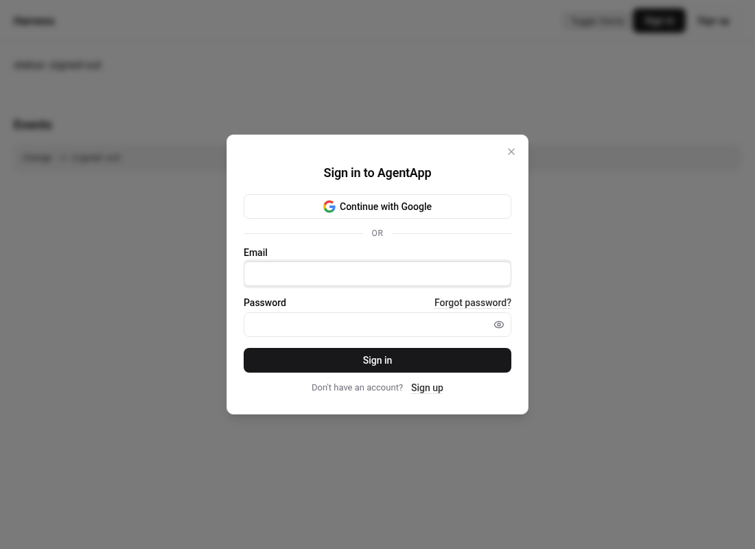 Auth UI sign-in modal produced by the agent-friendly HTML snippet