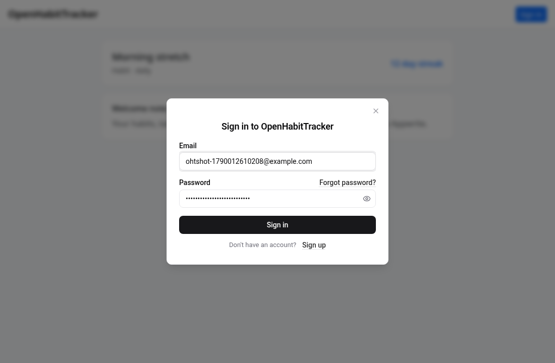 Auth UI Sign in to OpenHabitTracker modal over the habit tracker nav