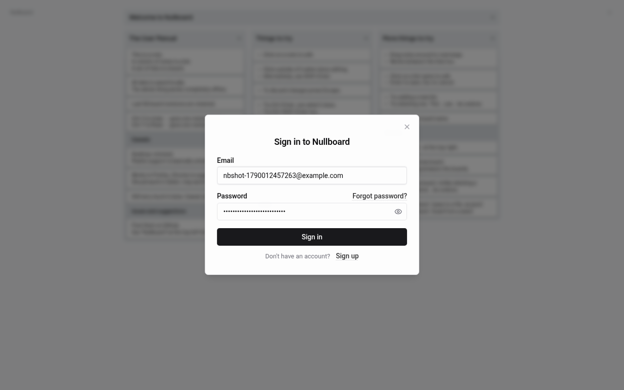 Auth UI Sign in to Nullboard modal over the kanban board