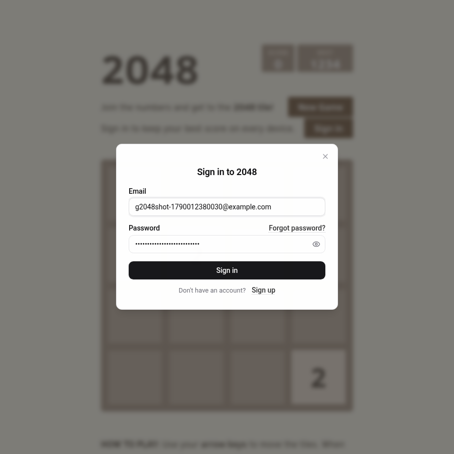 Auth UI Sign in to 2048 modal over the classic game board